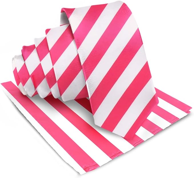 Vittorio Farina Men's Striped Satin Necktie & Pocket Square - Suits You Sir - Hot Pink and White -