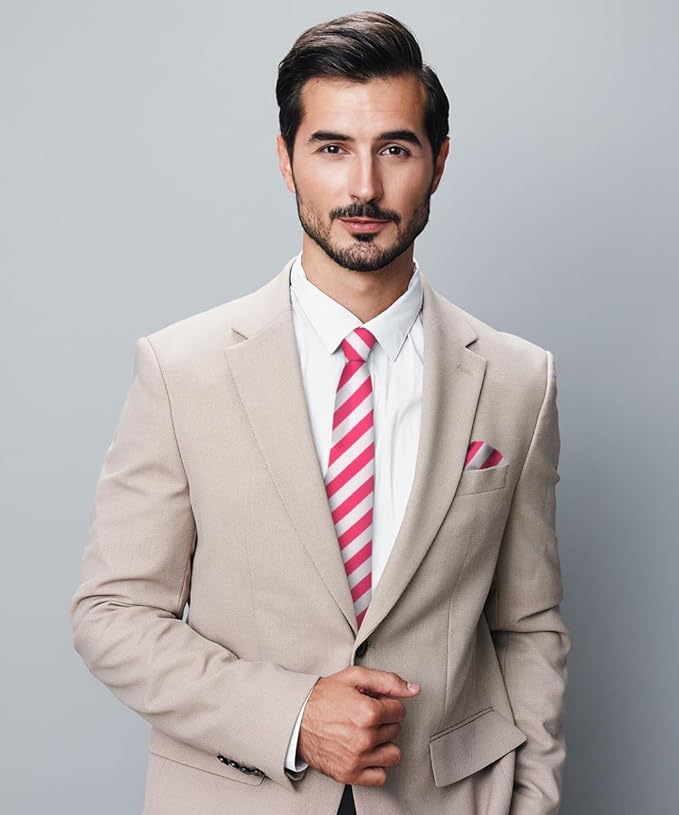 Vittorio Farina Men's Striped Satin Necktie & Pocket Square - Suits You Sir - Hot Pink and White -