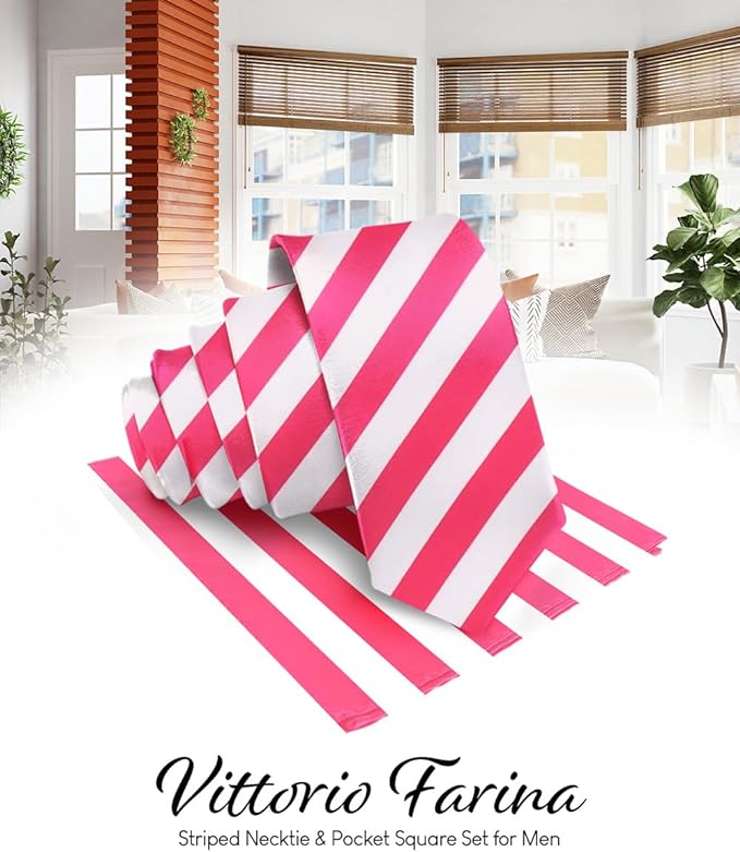 Vittorio Farina Men's Striped Satin Necktie & Pocket Square - Suits You Sir - Hot Pink and White -