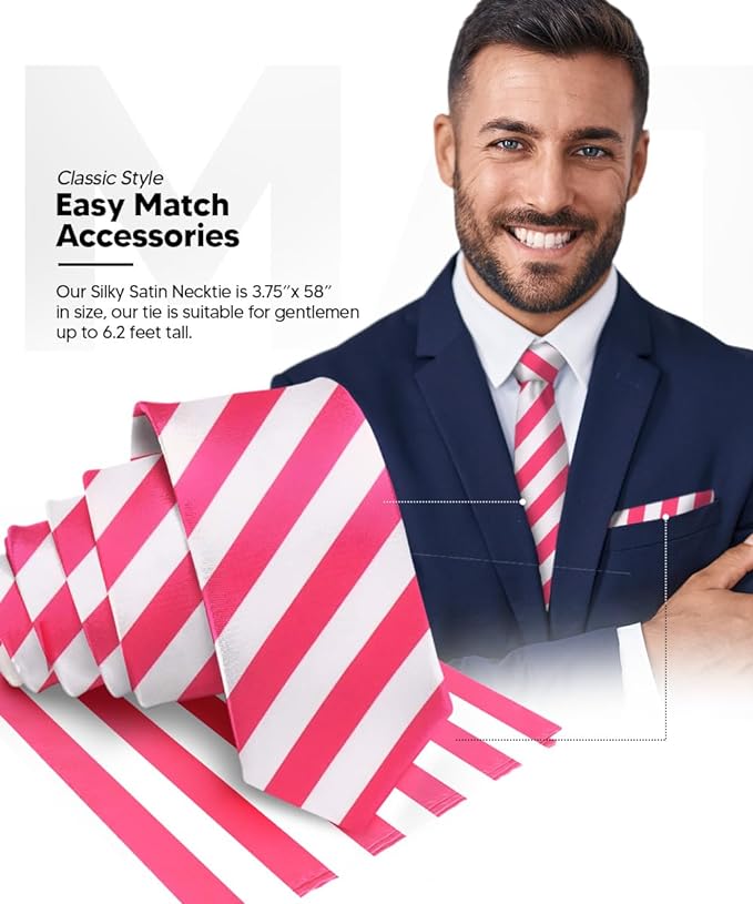 Vittorio Farina Men's Striped Satin Necktie & Pocket Square - Suits You Sir - Hot Pink and White -