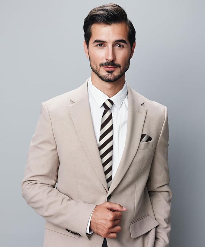 Vittorio Farina Men's Striped Satin Necktie & Pocket Square - Suits You Sir - Ivory and Brown -