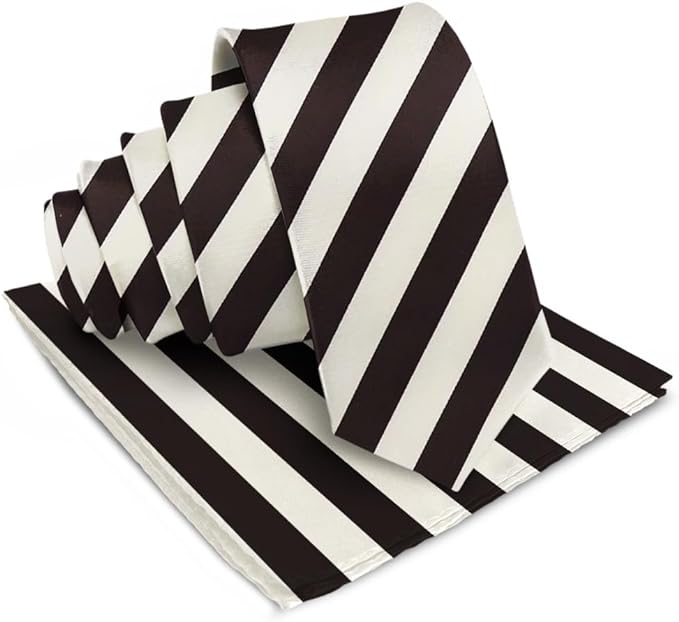 Vittorio Farina Men's Striped Satin Necktie & Pocket Square - Suits You Sir - Ivory and Brown -