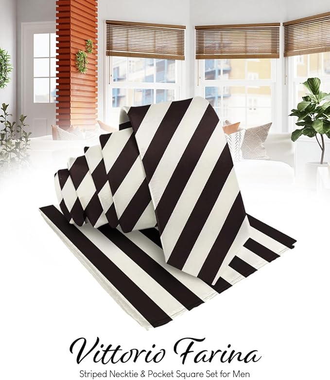 Vittorio Farina Men's Striped Satin Necktie & Pocket Square - Suits You Sir - Ivory and Brown -