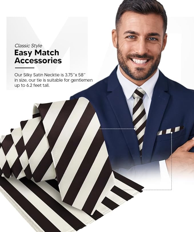 Vittorio Farina Men's Striped Satin Necktie & Pocket Square - Suits You Sir - Ivory and Brown -