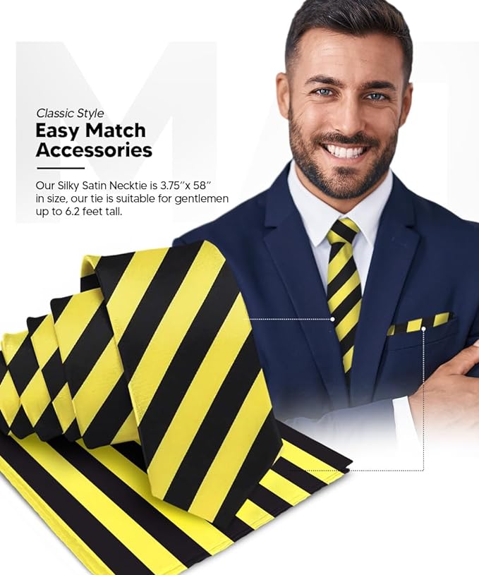 Vittorio Farina Men's Striped Satin Necktie & Pocket Square - Suits You Sir - Lemon and Black -