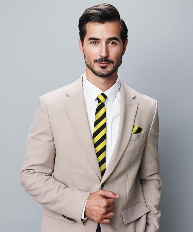Vittorio Farina Men's Striped Satin Necktie & Pocket Square - Suits You Sir - Lemon and Black -