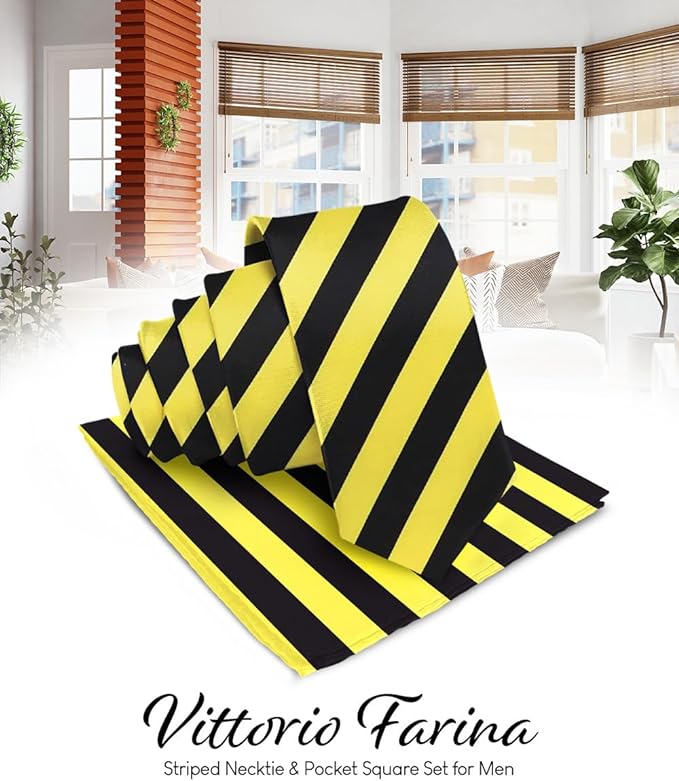 Vittorio Farina Men's Striped Satin Necktie & Pocket Square - Suits You Sir - Lemon and Black -