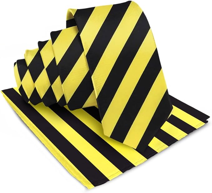 Vittorio Farina Men's Striped Satin Necktie & Pocket Square - Suits You Sir - Lemon and Black -