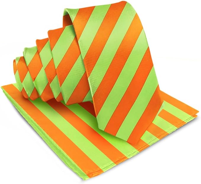 Vittorio Farina Men's Striped Satin Necktie & Pocket Square - Suits You Sir - Lime Green and Orange -