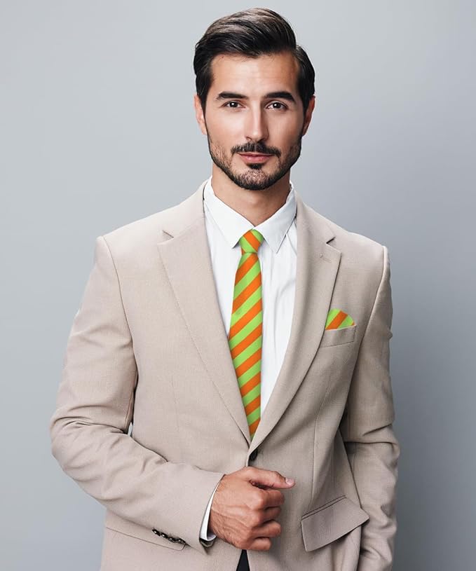 Vittorio Farina Men's Striped Satin Necktie & Pocket Square - Suits You Sir - Lime Green and Orange -