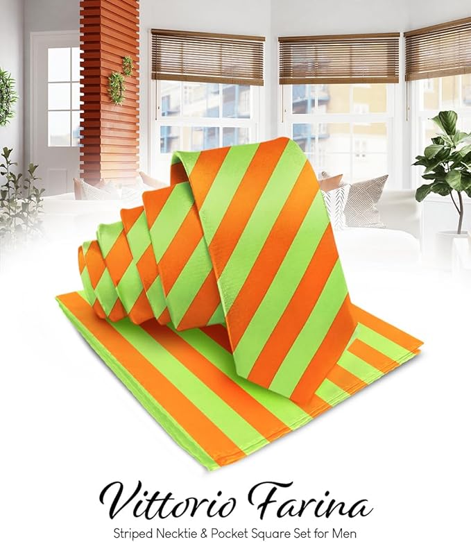 Vittorio Farina Men's Striped Satin Necktie & Pocket Square - Suits You Sir - Lime Green and Orange -