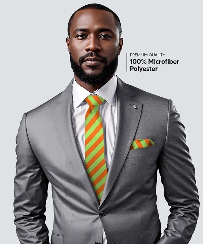 Vittorio Farina Men's Striped Satin Necktie & Pocket Square - Suits You Sir - Lime Green and Orange -