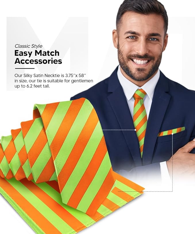 Vittorio Farina Men's Striped Satin Necktie & Pocket Square - Suits You Sir - Lime Green and Orange -