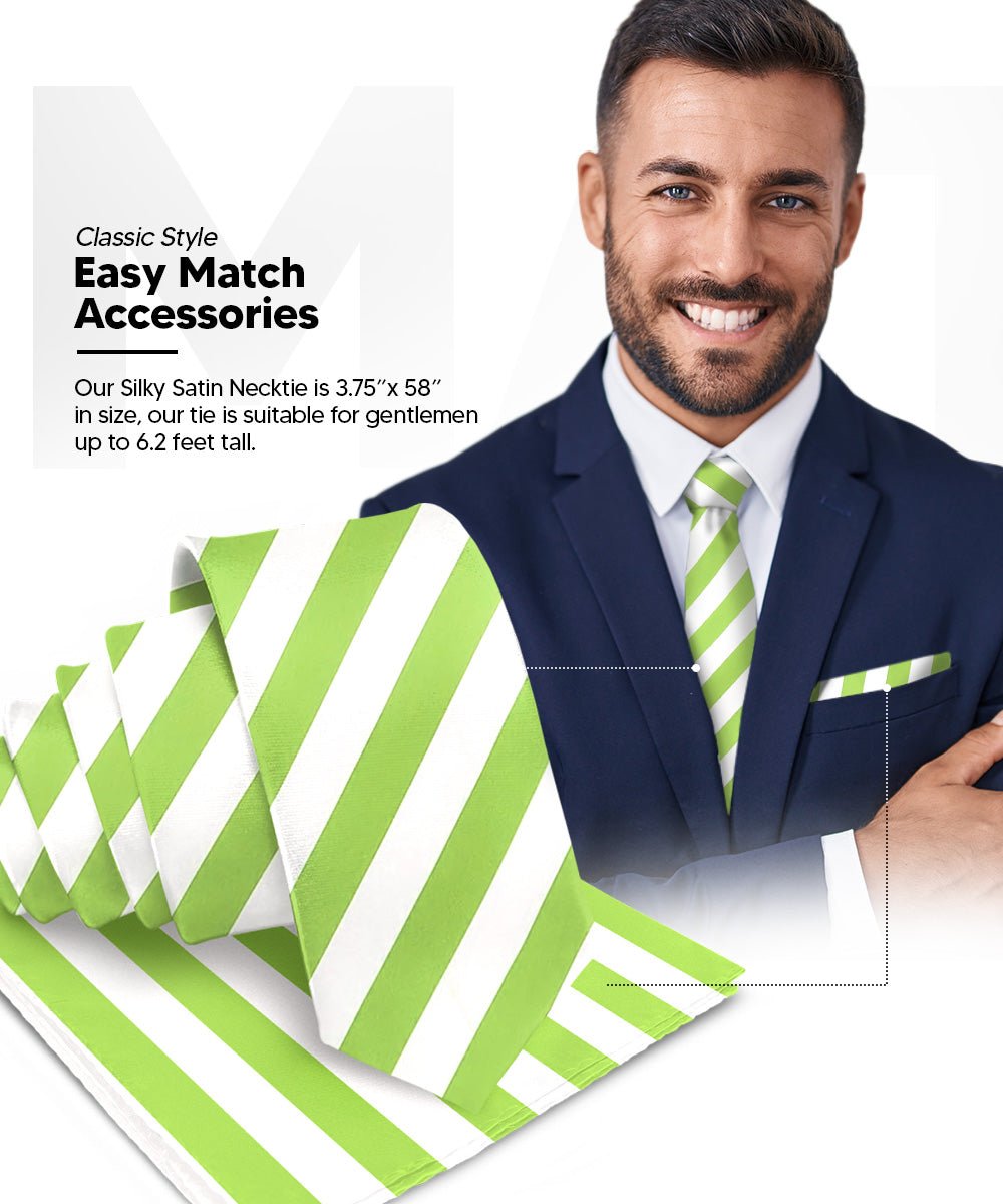 Vittorio Farina Men's Striped Satin Necktie & Pocket Square - Suits You Sir - Lime Green and White -