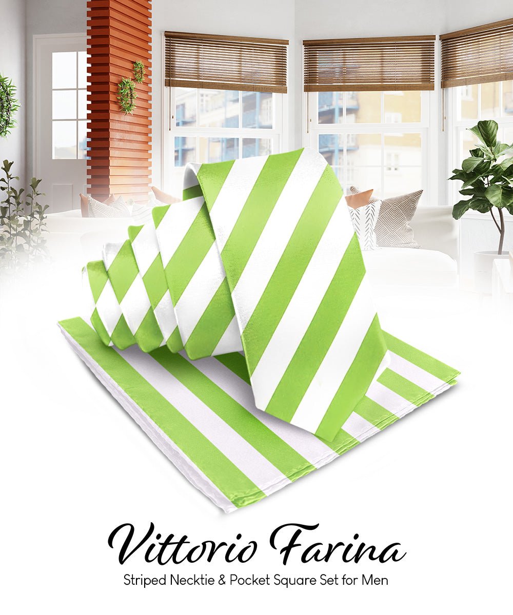 Vittorio Farina Men's Striped Satin Necktie & Pocket Square - Suits You Sir - Lime Green and White -