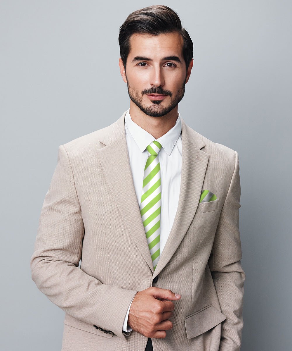 Vittorio Farina Men's Striped Satin Necktie & Pocket Square - Suits You Sir - Lime Green and White -