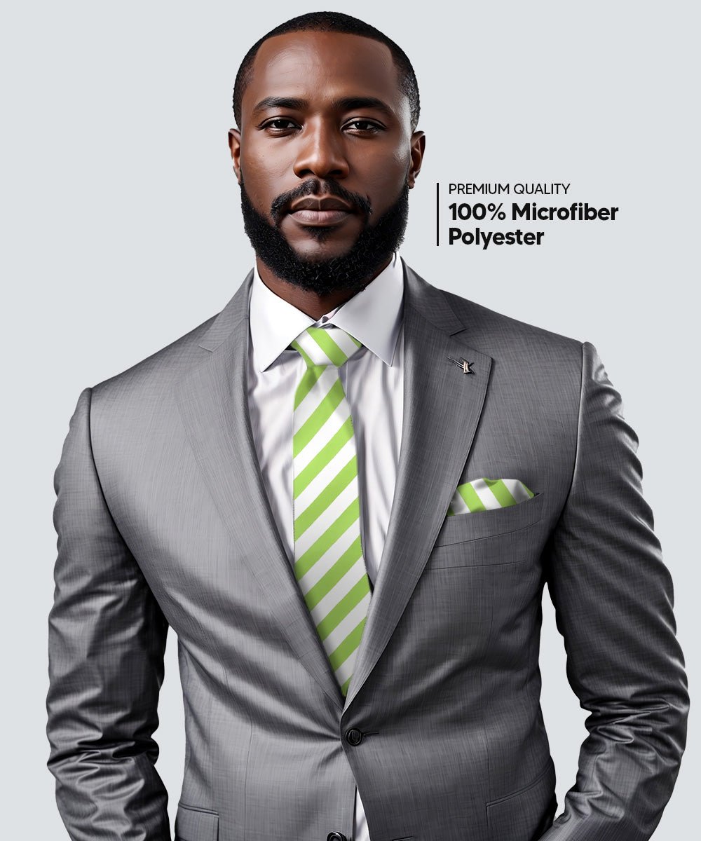 Vittorio Farina Men's Striped Satin Necktie & Pocket Square - Suits You Sir - Lime Green and White -