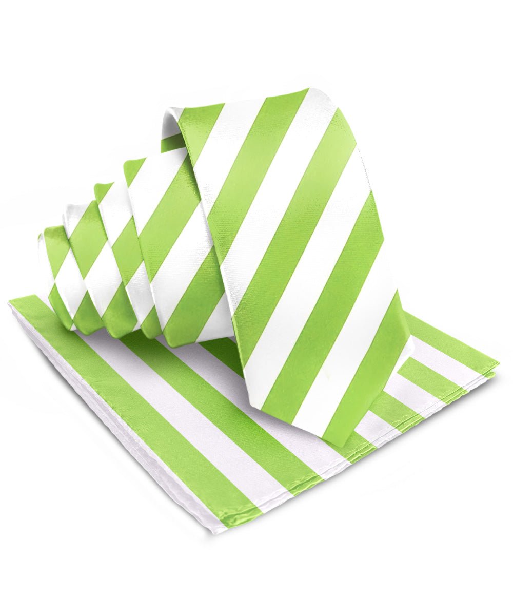 Vittorio Farina Men's Striped Satin Necktie & Pocket Square - Suits You Sir - Lime Green and White -
