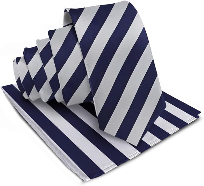 Vittorio Farina Men's Striped Satin Necktie & Pocket Square - Suits You Sir - Navy Blue and Gray -