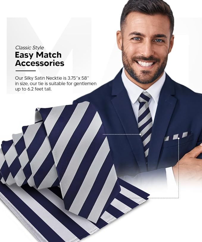 Vittorio Farina Men's Striped Satin Necktie & Pocket Square - Suits You Sir - Navy Blue and Gray -