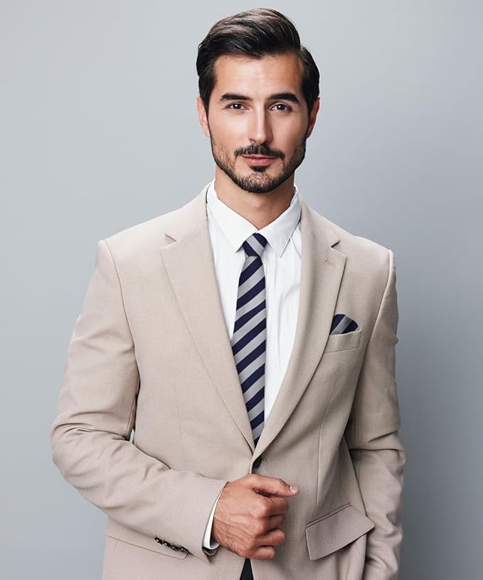 Vittorio Farina Men's Striped Satin Necktie & Pocket Square - Suits You Sir - Navy Blue and Gray -