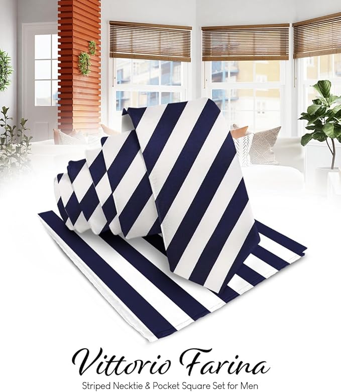 Vittorio Farina Men's Striped Satin Necktie & Pocket Square - Suits You Sir - Navy Blue and White -