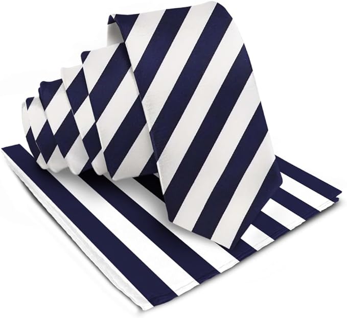 Vittorio Farina Men's Striped Satin Necktie & Pocket Square - Suits You Sir - Navy Blue and White -
