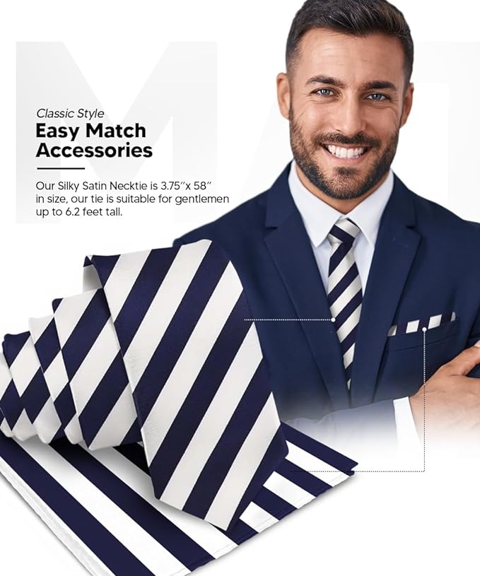 Vittorio Farina Men's Striped Satin Necktie & Pocket Square - Suits You Sir - Navy Blue and White -