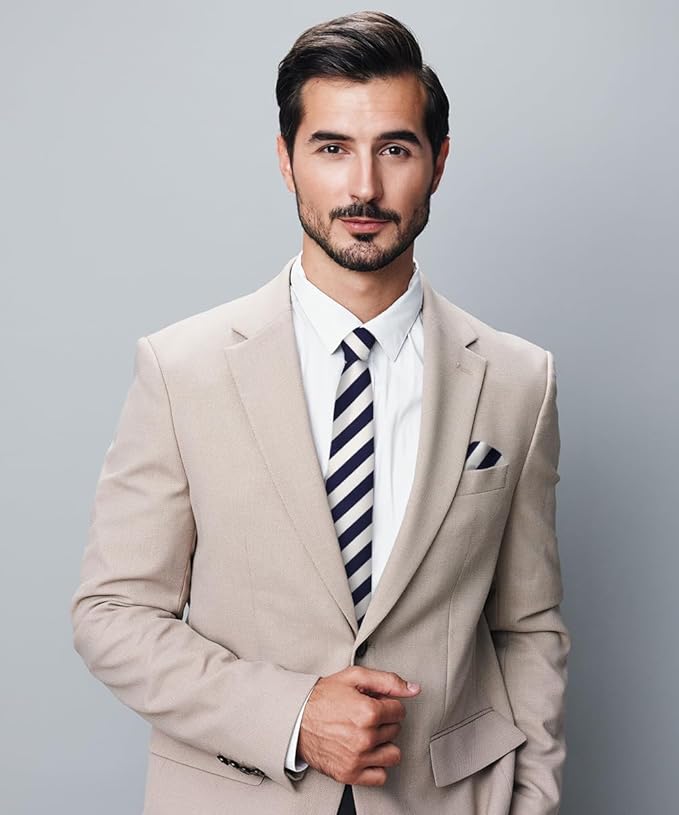 Vittorio Farina Men's Striped Satin Necktie & Pocket Square - Suits You Sir - Navy Blue and White -