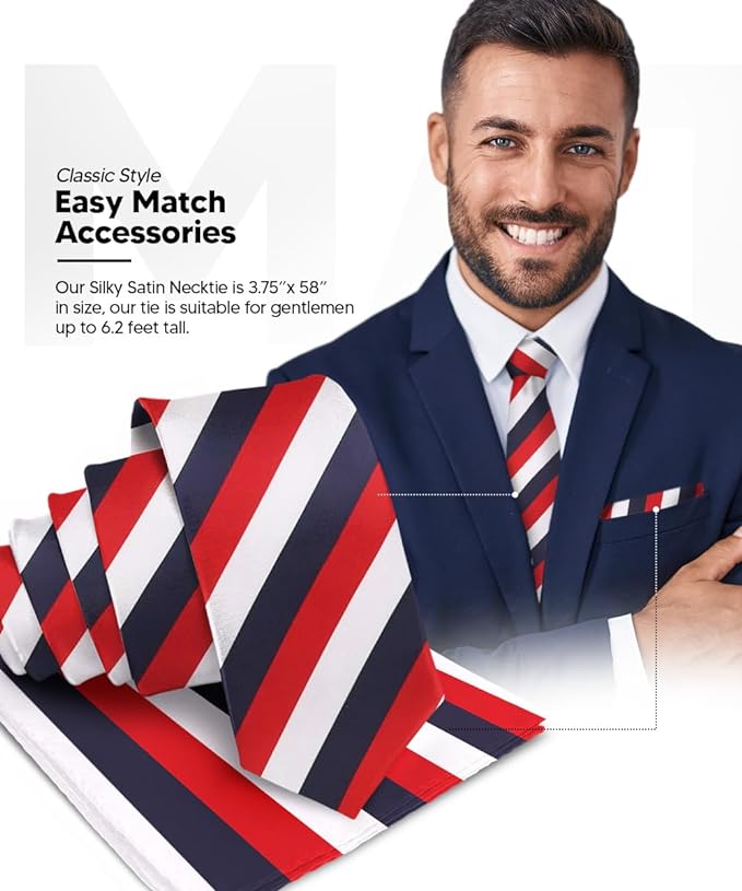 Vittorio Farina Men's Striped Satin Necktie & Pocket Square - Suits You Sir - Navy Blue, Red and White -