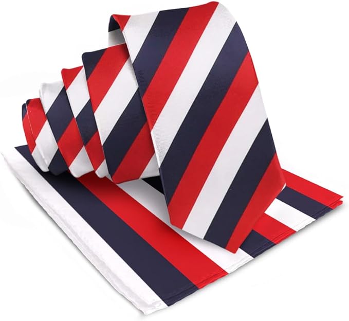 Vittorio Farina Men's Striped Satin Necktie & Pocket Square - Suits You Sir - Navy Blue, Red and White -