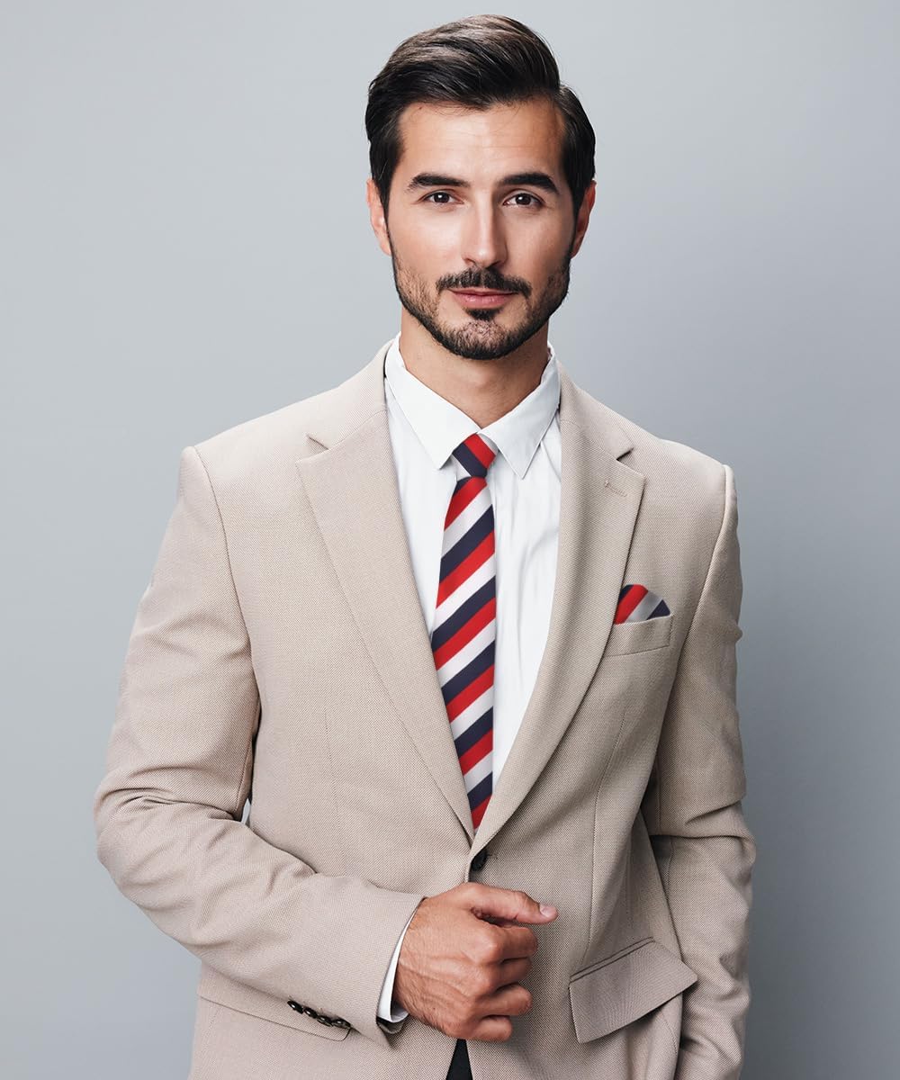Vittorio Farina Men's Striped Satin Necktie & Pocket Square - Suits You Sir - Navy Blue, Red and White -