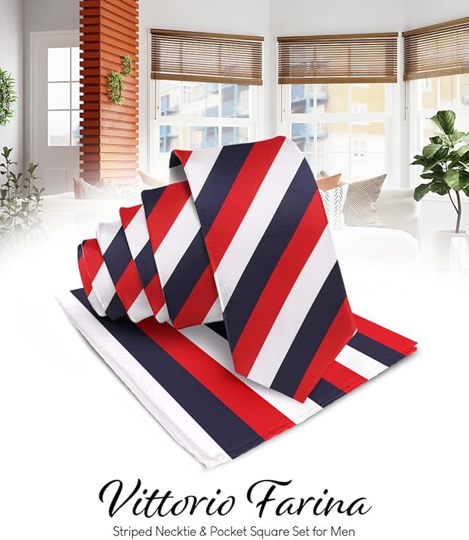Vittorio Farina Men's Striped Satin Necktie & Pocket Square - Suits You Sir - Navy Blue, Red and White -