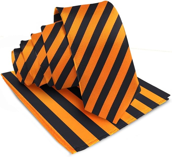 Vittorio Farina Men's Striped Satin Necktie & Pocket Square - Suits You Sir - Orange and Black -
