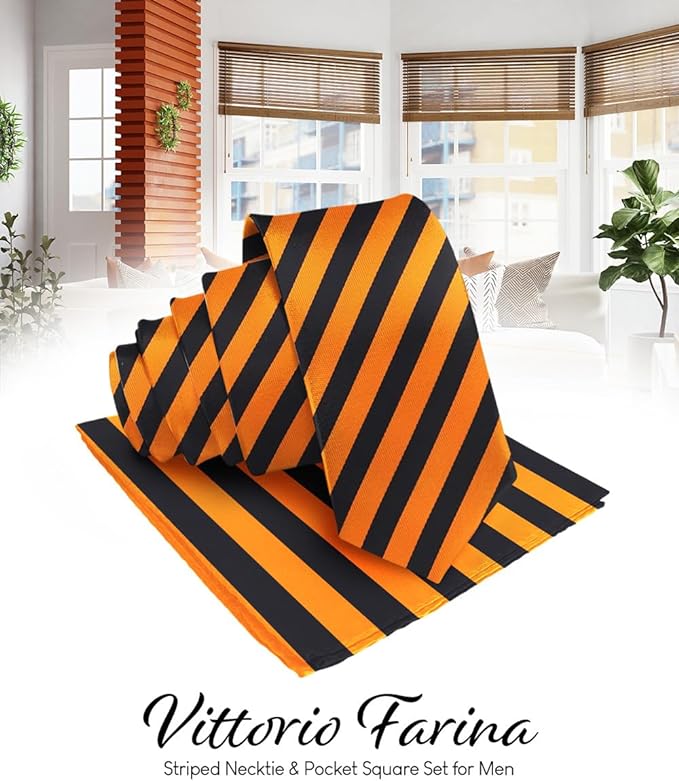 Vittorio Farina Men's Striped Satin Necktie & Pocket Square - Suits You Sir - Orange and Black -