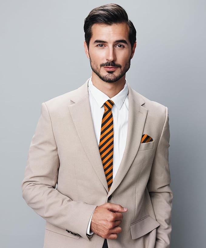 Vittorio Farina Men's Striped Satin Necktie & Pocket Square - Suits You Sir - Orange and Black -