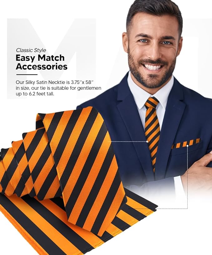 Vittorio Farina Men's Striped Satin Necktie & Pocket Square - Suits You Sir - Orange and Black -