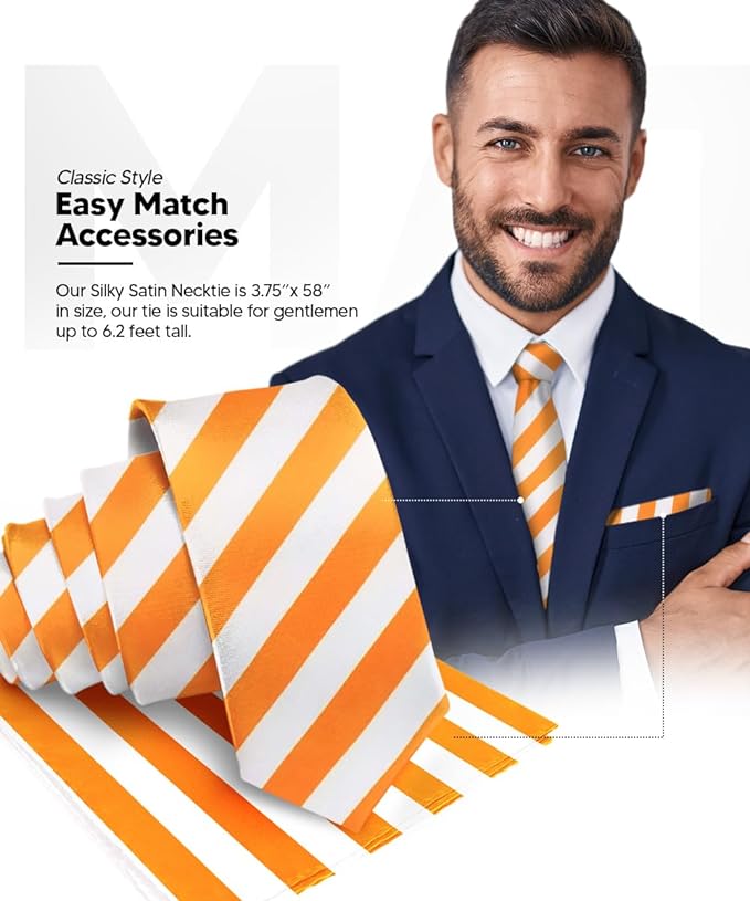 Vittorio Farina Men's Striped Satin Necktie & Pocket Square - Suits You Sir - Orange and White -