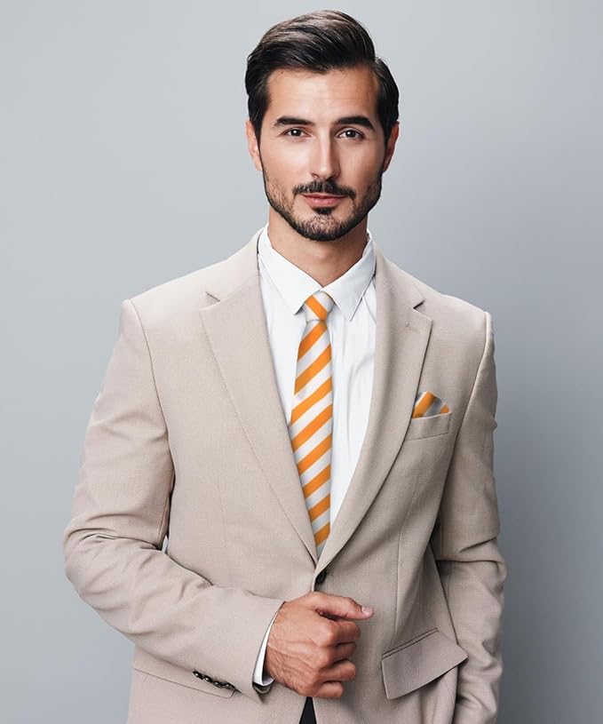 Vittorio Farina Men's Striped Satin Necktie & Pocket Square - Suits You Sir - Orange and White -