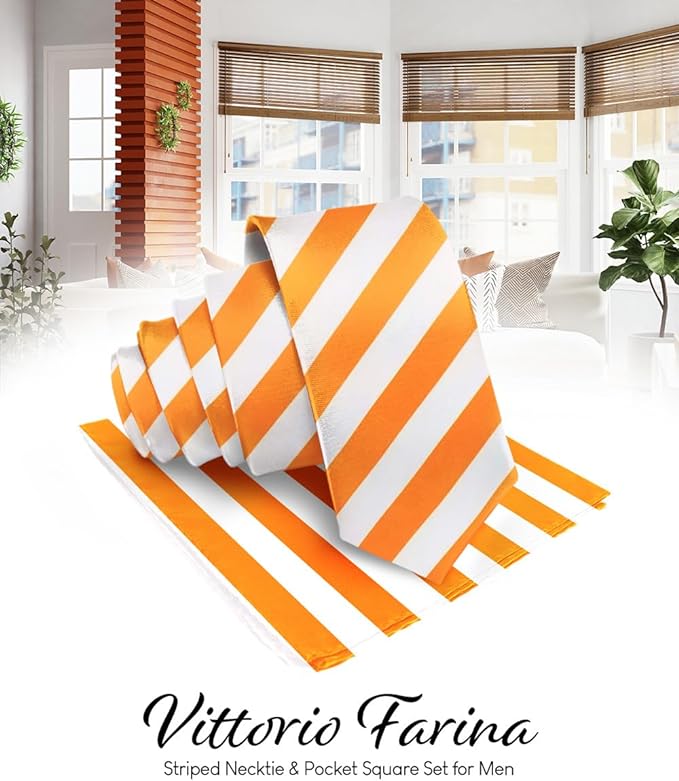Vittorio Farina Men's Striped Satin Necktie & Pocket Square - Suits You Sir - Orange and White -