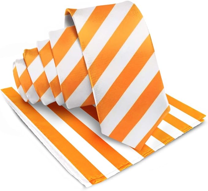 Vittorio Farina Men's Striped Satin Necktie & Pocket Square - Suits You Sir - Orange and White -