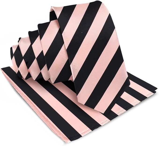 Vittorio Farina Men's Striped Satin Necktie & Pocket Square - Suits You Sir - Pink and Black -