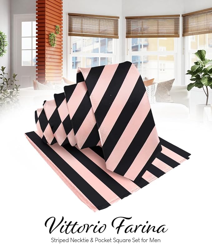 Vittorio Farina Men's Striped Satin Necktie & Pocket Square - Suits You Sir - Pink and Black -