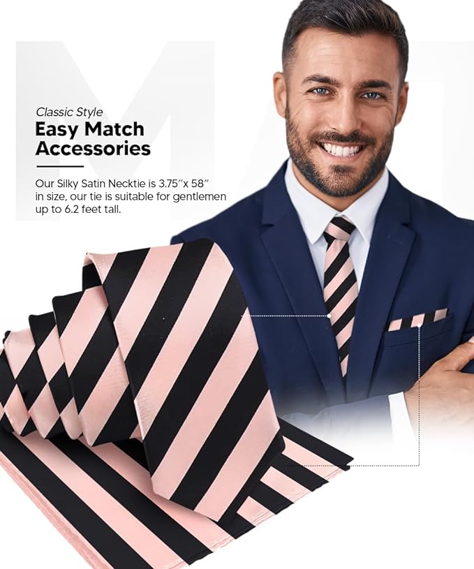 Vittorio Farina Men's Striped Satin Necktie & Pocket Square - Suits You Sir - Pink and Black -