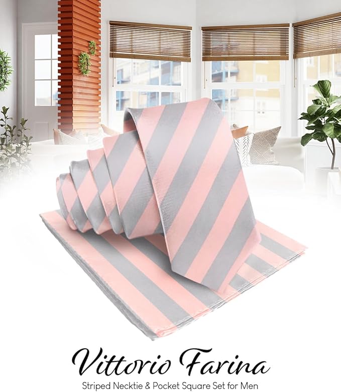 Vittorio Farina Men's Striped Satin Necktie & Pocket Square - Suits You Sir - Pink and Gray -