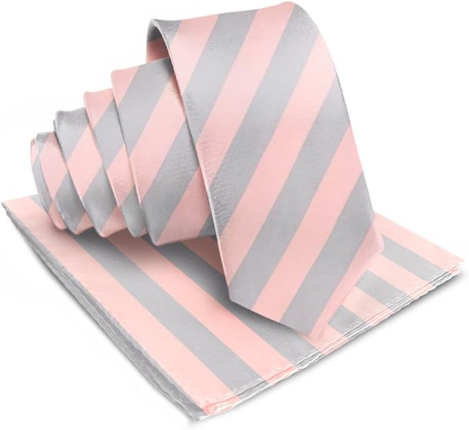 Vittorio Farina Men's Striped Satin Necktie & Pocket Square - Suits You Sir - Pink and Gray -