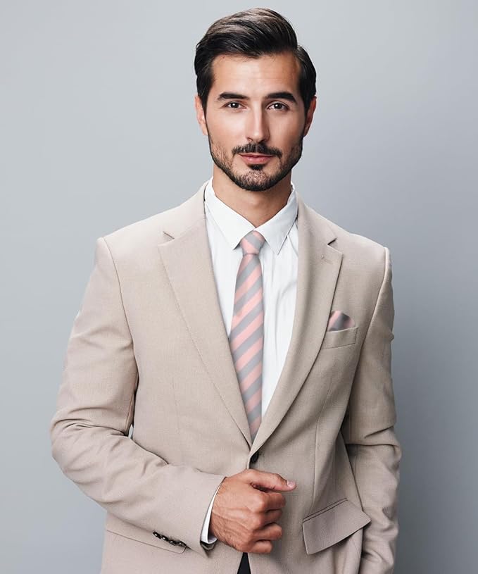 Vittorio Farina Men's Striped Satin Necktie & Pocket Square - Suits You Sir - Pink and Gray -
