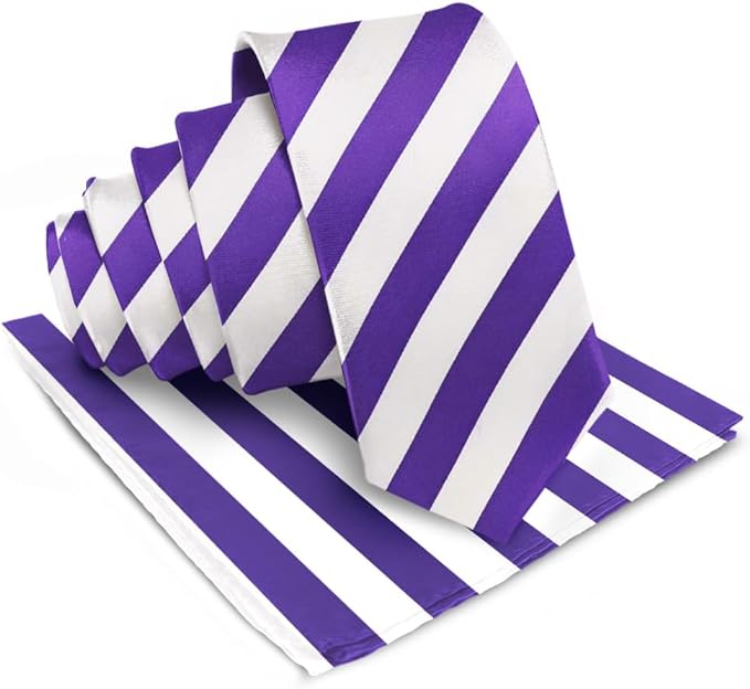Vittorio Farina Men's Striped Satin Necktie & Pocket Square - Suits You Sir - Purple and White -