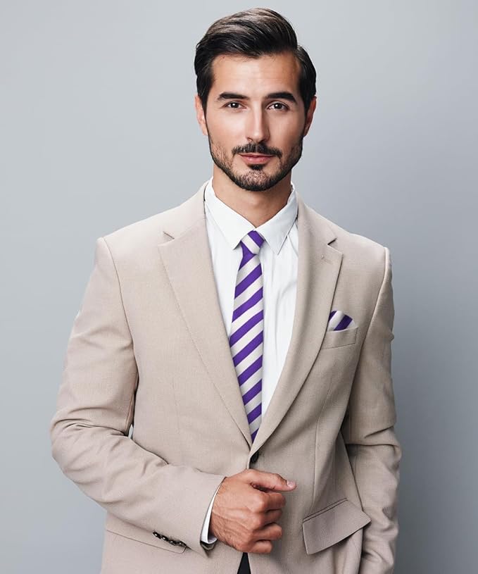 Vittorio Farina Men's Striped Satin Necktie & Pocket Square - Suits You Sir - Purple and White -