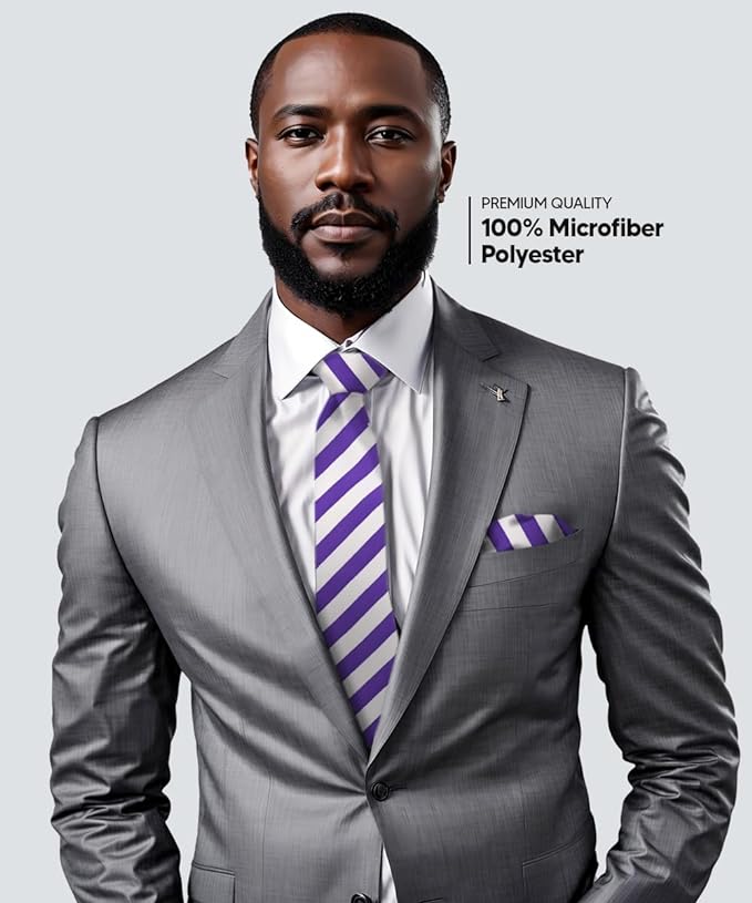 Vittorio Farina Men's Striped Satin Necktie & Pocket Square - Suits You Sir - Purple and White -